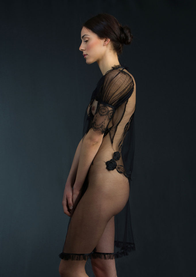 Nija new romantic bohemiem black haute couture lingerie silk transparent kimono